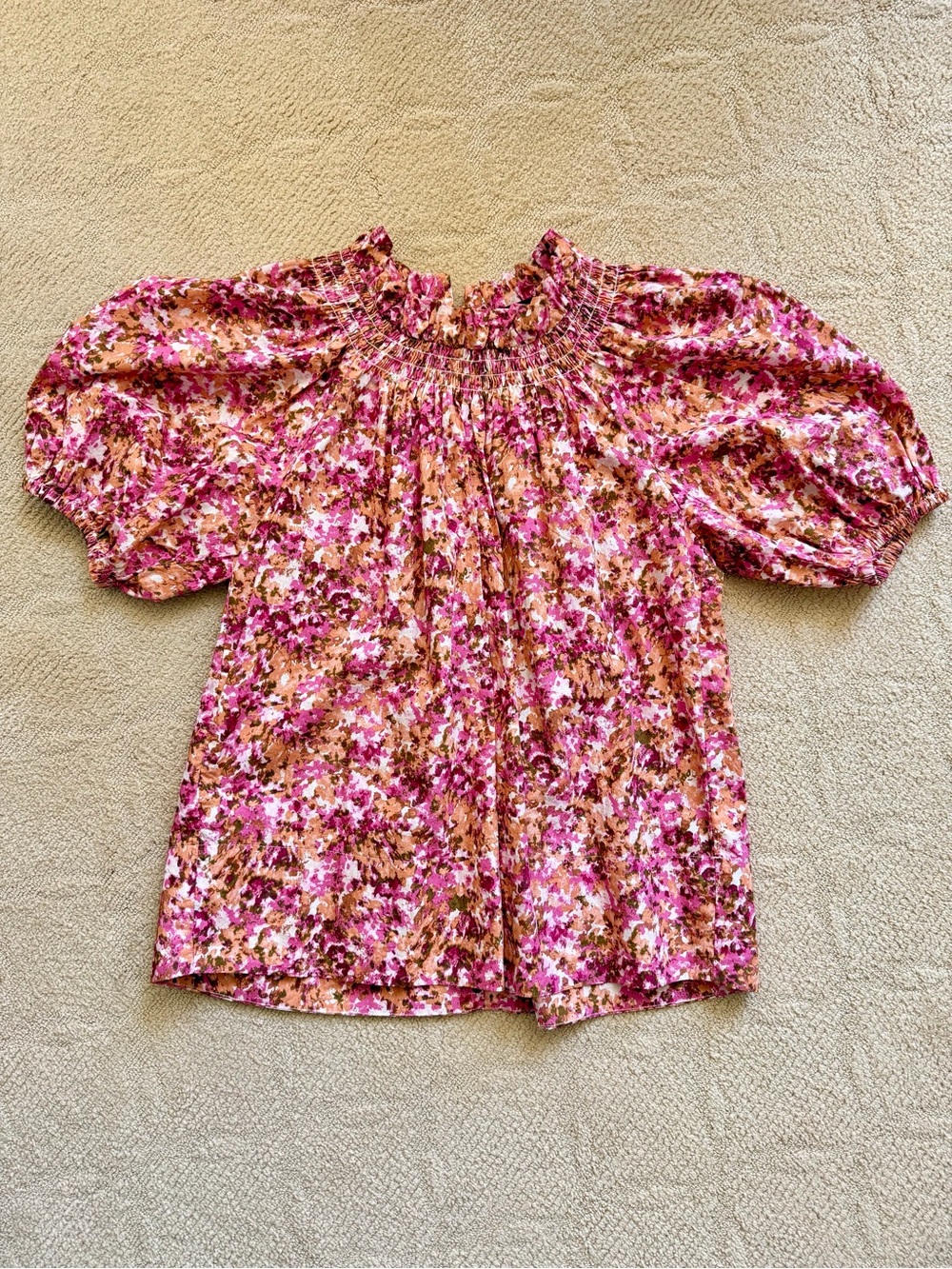 J. Crew Pink and Tan Floral Smocked Neck Puff-Sleeve Blouse